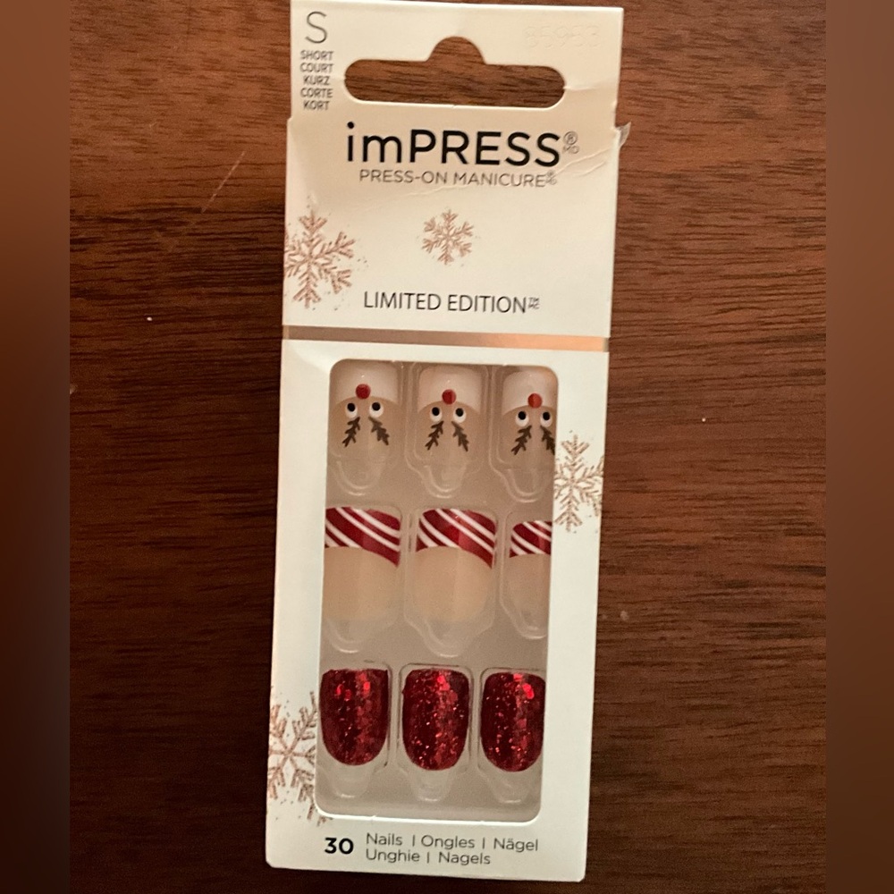 imPRESS Limited Edition Red Glitter and Christmas Press-On Nails size SMALL NEW